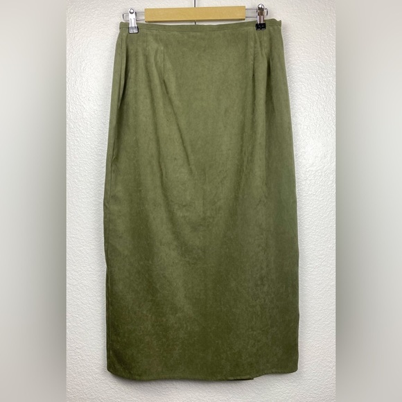Vintage High Waisted Olive Green Toggle Button Midi Skirt Large - Picture 7 of 8